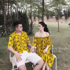 Set Đi Biển Cho Nam và Nữ Áo Sơ Mi Hoa Lá & Váy Maxi